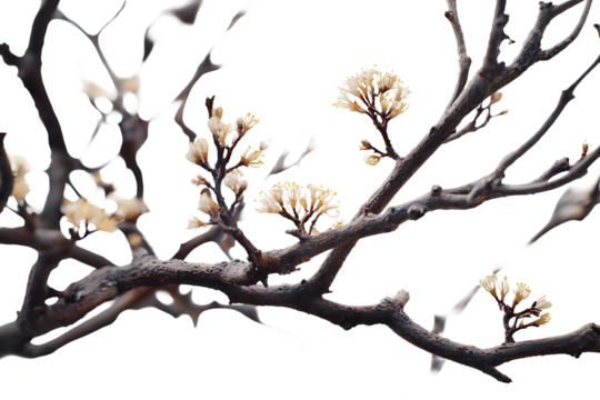 Delicate blossoms emerge on bare branches, isolated on transparent background