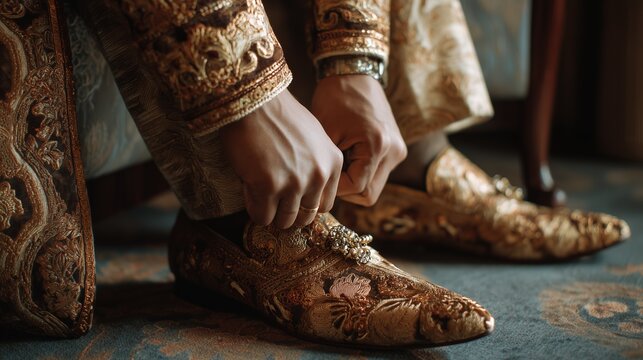 Groom prepares for wedding by putting on embroidered Mojari shoes in elegant Sherwani attire