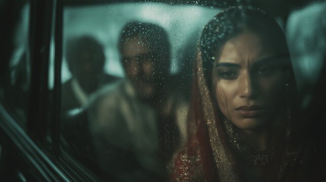 Bride experiencing deep emotions while looking back at her family in a rainy farewell scene