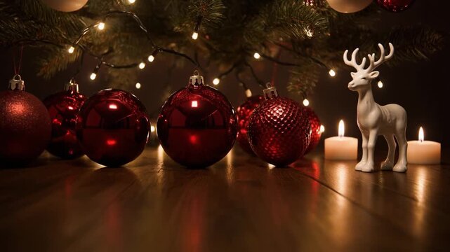 Warm Holiday Glow: Reflective Red Ornaments and Candles Under Christmas Tree at Night