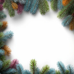 Colorful Christmas Pine Branch Frame on White Background with Copy Space