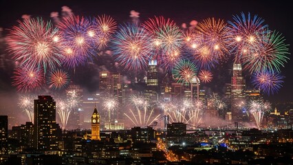 Night cityscape illuminated by vibrant fireworks bursts in red, blue, green, and gold