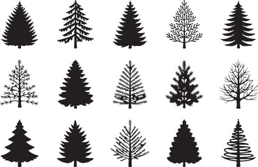 Obraz premium Collection of fifteen stylized evergreen tree silhouettes and outline drawing
