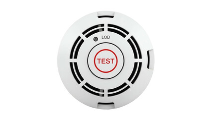 White circular smoke detector with red test button, grilles, and light