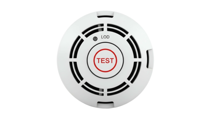 White circular smoke detector with red test button, grilles, and light