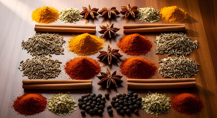 Aromatic Spices and Herbs on Wooden Table
