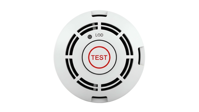 White circular smoke detector with red test button, grilles, and light
