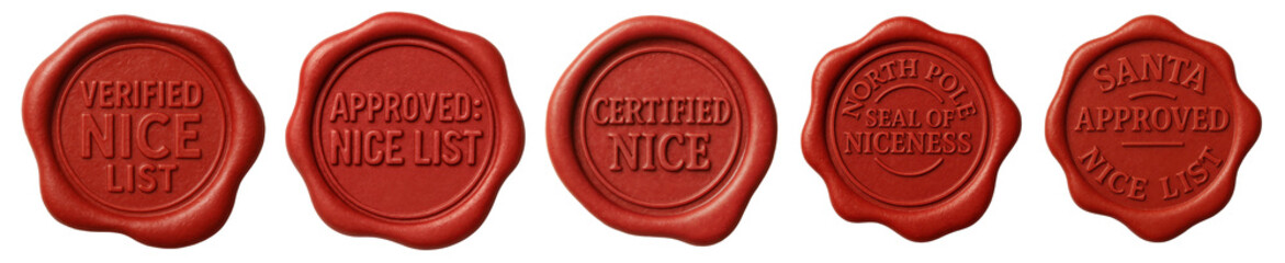 Obraz premium Set of red wax seals for Santa’s nice list with North Pole approval and certified Christmas stamp designs