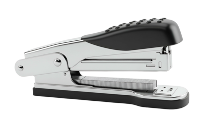 Chrome and black stapler with visible staples and ergonomic grip, side view