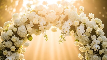 Fototapeta na wymiar Stunning wedding arch adorned with elegant white roses and orchids bathed in dreamy golden light creates a romantic and unforgettable moment