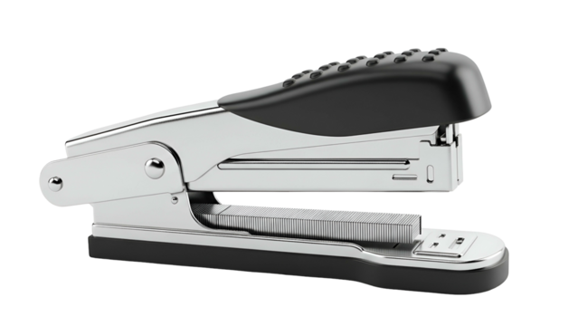 Chrome and black stapler with visible staples and ergonomic grip, side view
