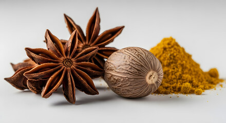 Aromatic Spices with Curry Powder on White Background
