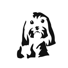 Vector drawing of a dog. Black and white gestalt design of a funny pet. Little doggy. Cute animal illustration. Postcard for International Dog Day. Drawing of an animal in the Gestalt style.	
