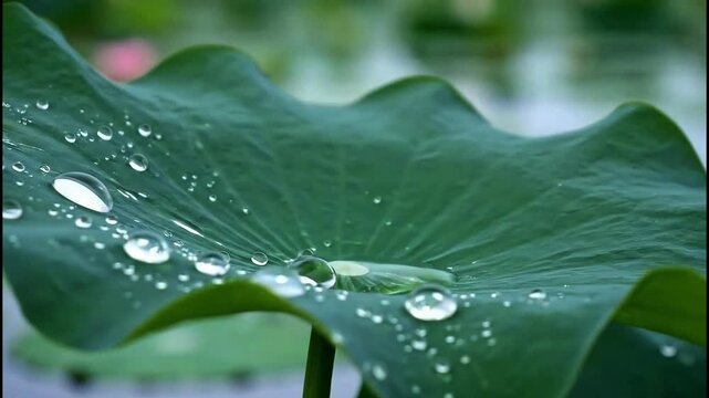 A leaf with water droplets on it. The droplets are small and scattered, giving the impression of a light rain. The leaf is green and he is fresh and healthy