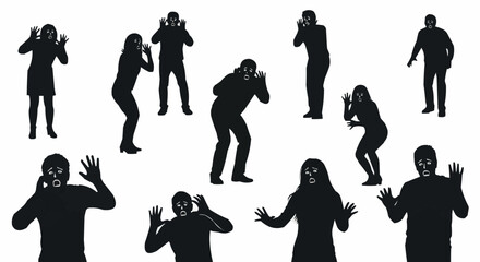 Silhouettes of people in various poses of fear and surprise.