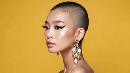 Beautiful asian woman with a buzz cut and glam makeup posing in profile. High fashion model wearing luxury earrings for a beauty campaign or website header on yellow