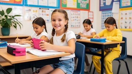 Happy elementary school student smiling at the camera while holding a pink tablet in a vibrant classroom setting with other diverse children learning at their desks