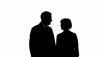 Silhouette of a man and woman in a professional setting, discussing.