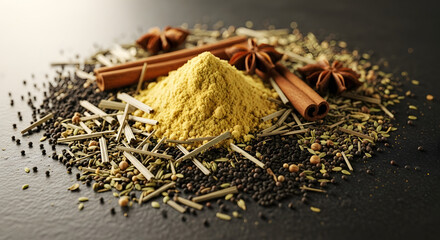 Yellow Curry Powder with Whole Spices on Dark Surface