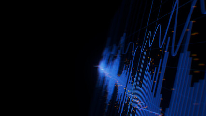 Closeup of Big Data sound complex graph background with shallow DOF. Cyber space of Audio AI technology. Futuristic graph. Digital audio information presentation.