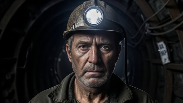 Intense portrait of a coal miner with headlamp, surrounded by darkness, showcasing the grit and determination of his work - Powered by Adobe