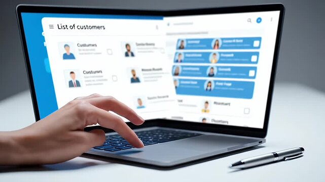 Hand Using Laptop Trackpad with Blue Online Network Interface on White Table Background with Pen Modern Workspace Connection Technology Business Solution