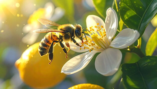 Bee hovers near a white flower on a lemon tree, bathed in golden light, with lemons out of focus in the background