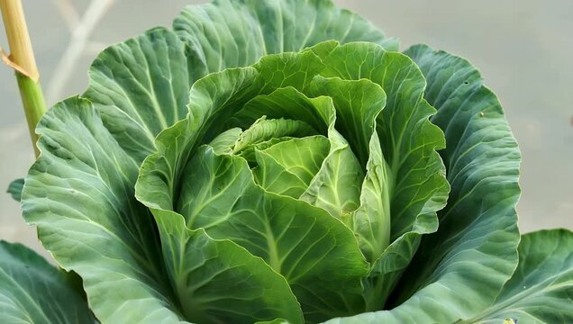 Detailed 4K Ultra HD close up shot of a fresh green cabbage perfectly highlighting its natural texture and crisp leaves making it ideal footage for promoting healthy meals and cooking