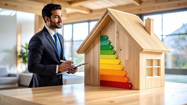 Man in Suit Inspecting Energy Efficient Wood House Model with Energy Rating Stickers on Table near Window