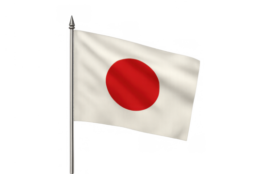 Japan's national flag, hinomaru, waving gently on a flagpole. Transparent background for easy integration