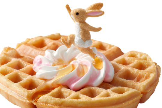 Waffle topped with cream and a bunny figurine isolated on transparent background