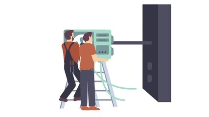 Workers installing repairing air conditioning unit animation, mechanic wearing overall and standing ladder animated video, plumbing worker Clip, Handyman Services footage, HVAC technician motion