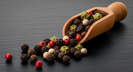 Mixed Peppercorns in Wooden Scoop on Dark Surface