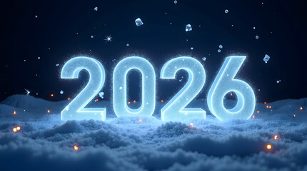 Glowing blue 2026 numbers emerge from snowy landscape with sparkling lights