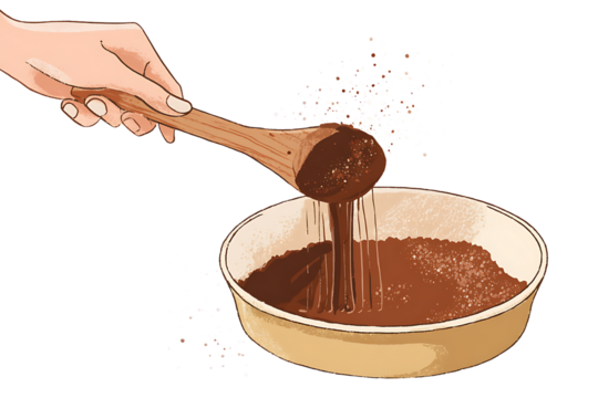 Hand pouring brown mixture from wooden spoon into bowl isolated on transparent background