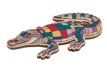 Colorful wooden alligator puzzle piece isolated on transparent background