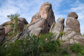 Ermak rock close-up on a sunny September day. Krasnoyarsk Pillars National Park. Russia
