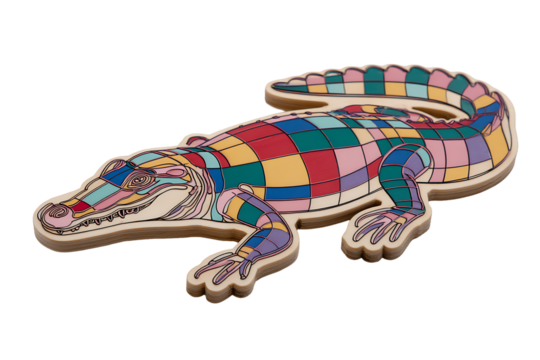 Colorful wooden alligator puzzle piece isolated on transparent background - Powered by Adobe
