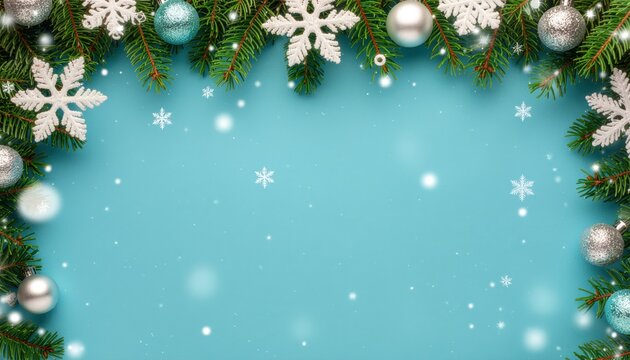 Festive winter holiday decoration christmas celebration image of ornaments and snowflakes vibrant blue background cheerful atmosphere seasonal aesthetic for holiday inspiration - Powered by Adobe