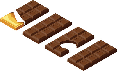Isometric Chocolate Bar Vector Set Showing Unwrapping, Whole, Broken, and Bitten Pieces for Sweet Dessert, Confectionery, and Food Packaging Design.