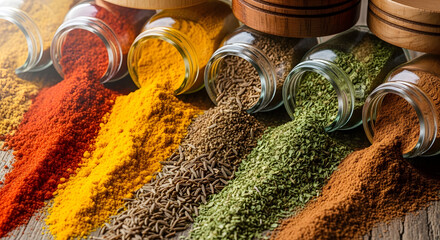 Colorful Spices and Herbs Spilling from Jars on Wood