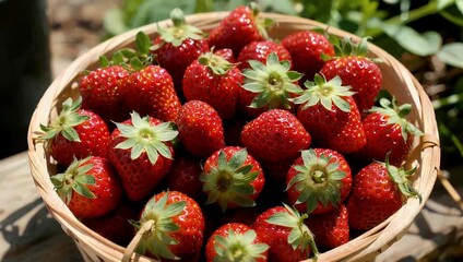 Tempting 4K video showcasing an abundant harvest in a rustic basket overflowing with numerous freshly picked strawberries with the vibrant red berries radiating an enticing sweet aroma - Powered by Adobe