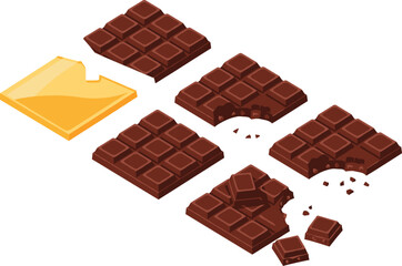 Fototapeta premium Isometric Chocolate Bar Vector Set Featuring Whole, Broken, and Bitten Pieces with Crumbs and Wrapper for Sweet Dessert and Confectionery Illustration.