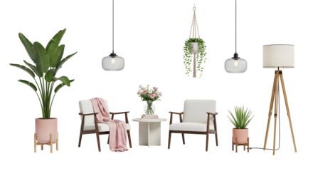 Stylish interior design elements potted plants, modern chairs, and ambient lighting