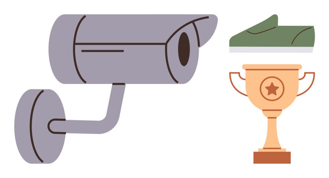 Surveillance camera, trophy with star, and a green shoe. Ideal for security, achievement, surveillance, success, competition tracking and journey. Clean design as simple flat metaphor