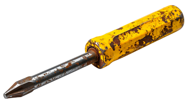 Old Rusted Manual Screwdriver with Weathered Yellow Handle Isolated Object