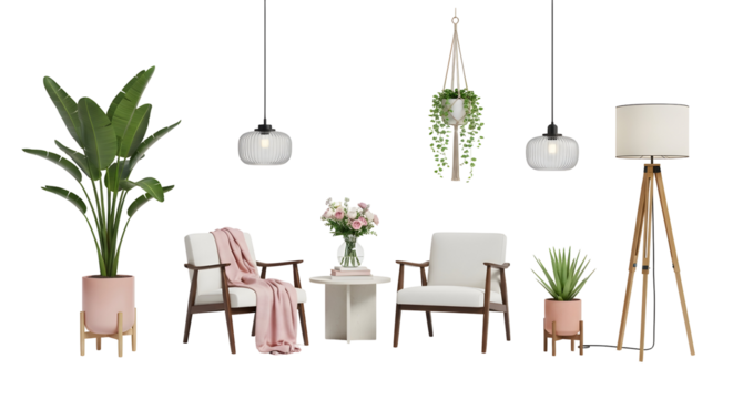 Stylish interior design elements potted plants, modern chairs, and ambient lighting