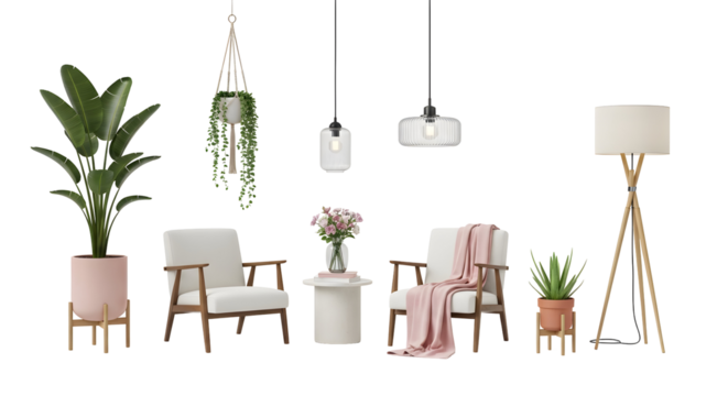 Charming living room furniture and decorative plants set for cozy home interior design inspiration