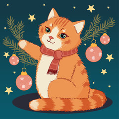 a cat entangled in Christmas lights