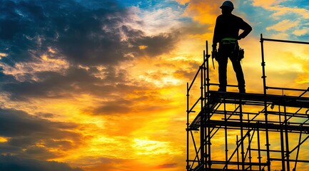 Silhouette of construction worker on scaffolding at sunset (5)